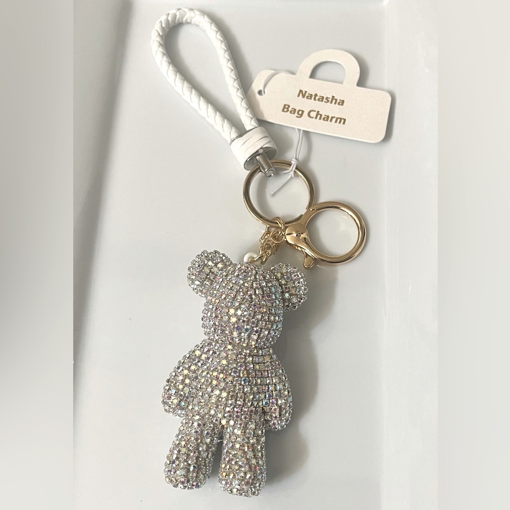 🛍️NWT Natasha Sparkling Bear Bag Charm/Keychain with White Strap
